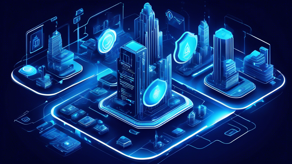 Create an image depicting digital safety, featuring a futuristic cityscape protected by a glowing shield symbolizing cybersecurity. Include elements like interconnected digital devices (computers, smartphones) and a prominent Acronis logo, all within a secure, high-tech environment.