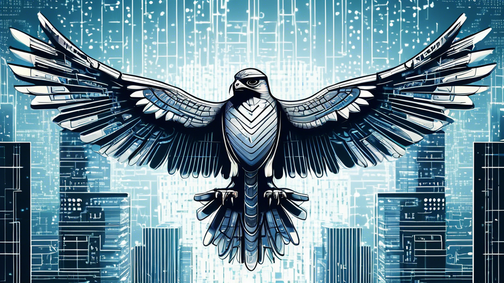 Create an image of a sleek, high-tech falcon with wings spread wide, surrounded by a digital shield made of binary code and circuit patterns. The falcon symbolizes strength and precision, representing enhanced digital safety and cyber security, with a modern cityscape in the background to illustrate the protection of urban digital infrastructures.