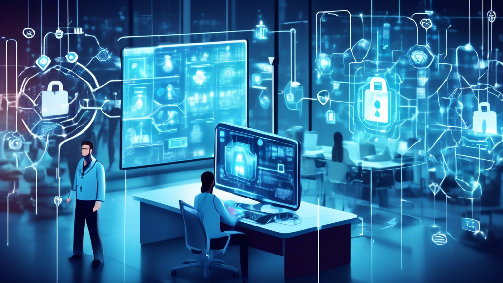 An illustration of a high-tech medical facility secured by advanced cyber security measures, with digital shields and padlocks protecting patient data. The background shows interconnected networks and healthcare symbols, highlighting the importance of HIPAA compliance. A vigilant IT professional monitors the systems in the foreground, ensuring the privacy and security of sensitive health information.