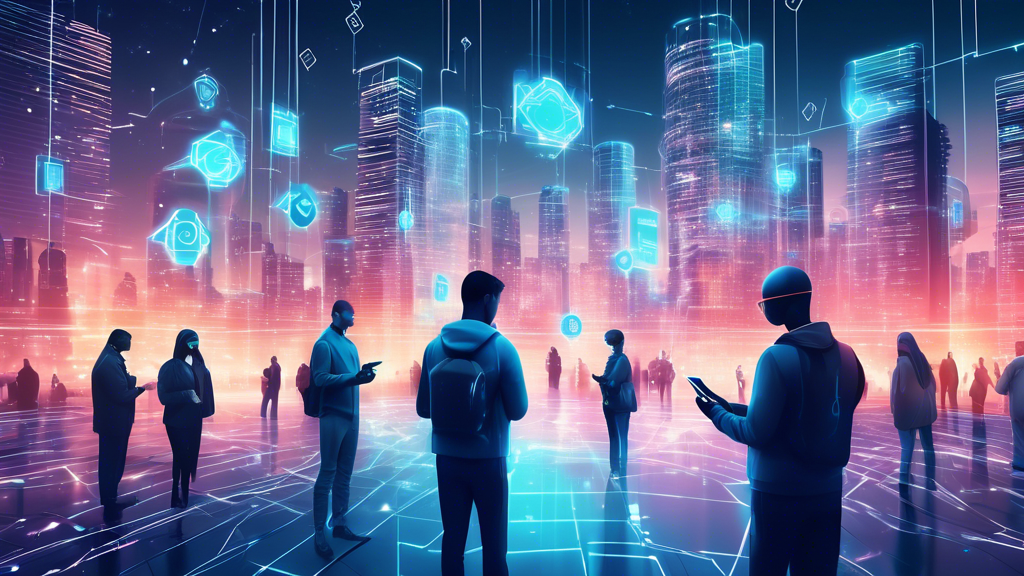 A futuristic cityscape where individuals are interacting with their smartphones, which display holographic security shields. The scene emphasizes mobile security with digital locks, encryption symbols, and firewall graphics floating around the devices. The background includes modern buildings highlighted with glowing lines to represent connectivity, demonstrating the integration of advanced cybersecurity measures.