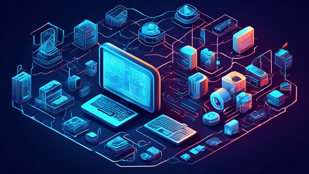 Create a detailed illustration of modern networking systems with advanced security features, showcasing interconnected servers, firewalls, and encrypted data streams. Highlight various cybersecurity elements like firewalls, antivirus icons, padlocks, and security shields, with IT professionals monitoring the network through high-tech interfaces.