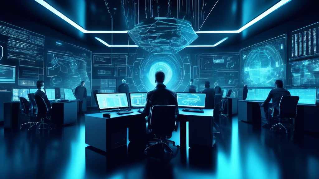 A futuristic, sleek control room filled with advanced computer screens displaying real-time cyber security analytics, protected by a glowing digital shield symbolizing Bitdefender. In the background, a diverse group of cybersecurity professionals is actively monitoring and preventing cyber threats, with lines of binary code forming a protective barrier around the scene.