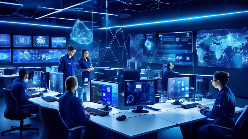 Create an image depicting a high-tech, futuristic data security control room. At the center, a digital hologram showcases the Acronis Cyber Protect logo, surrounded by multiple computer screens displaying data backup processes, security analytics, and encrypted data streams. Technicians in smart uniforms are interacting with the interfaces, ensuring the safety and integrity of the data. In the background, visual elements symbolize cyber protection, such as digital shields and cybersecurity icons.