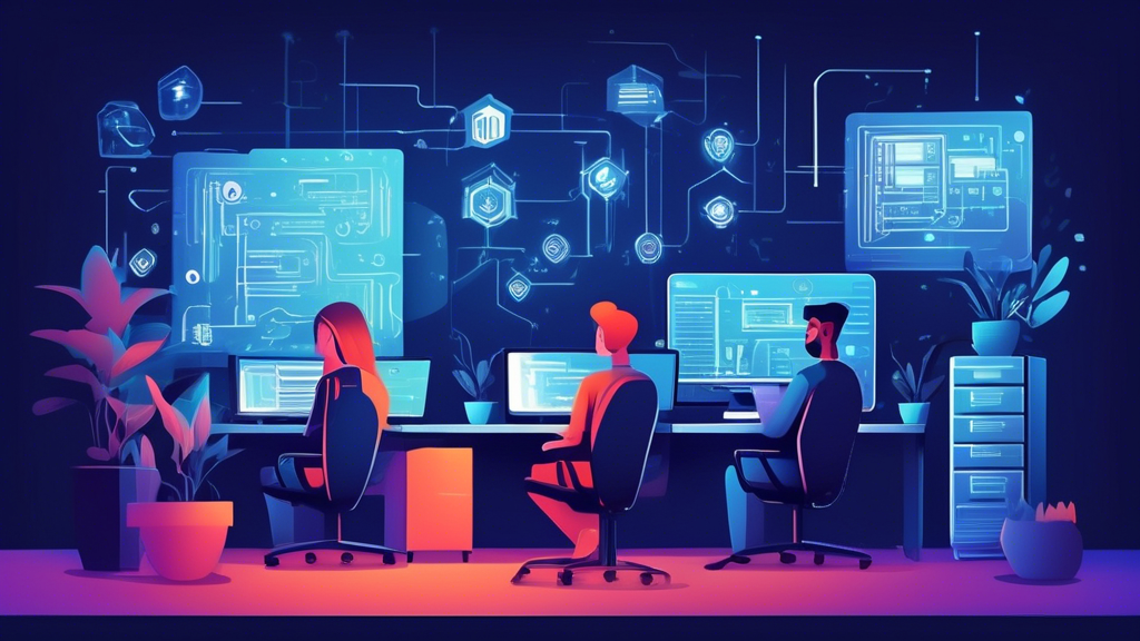 Create a detailed illustration of a small business office with a diverse team of employees working on computers. The scene should include visible cyber security elements such as firewalls, encryption symbols, security software interfaces on screens, and a prominent lock symbol on the main server. The atmosphere should convey a sense of protection and modern technology, reflecting the importance of cyber security solutions for small businesses.