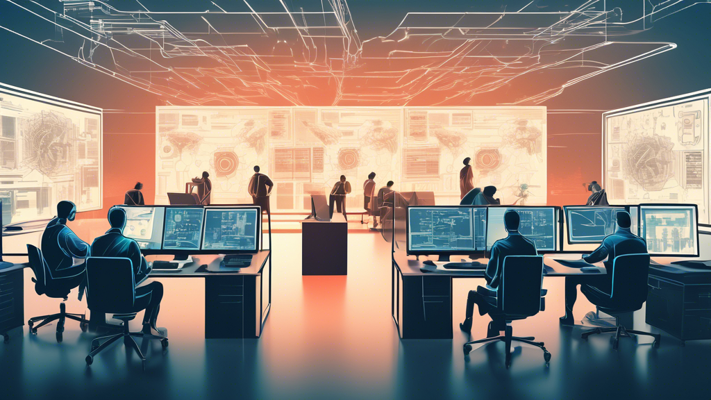 Create an image of a modern office environment with employees working at computers, all surrounded by digital shields and locks symbolizing network security, while a central command screen displays various security metrics, showing the integration of advanced cybersecurity protocols.