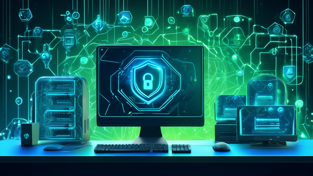 Create an image of a modern desktop computer surrounded by futuristic digital shields and locks, symbolizing strong security. The background should feature interconnected lines representing a network, with glowing blue and green hues to give a high-tech feel. Incorporate icons of antivirus software, firewall protection, and encrypted passwords around the computer to highlight essential security measures. The overall mood should be protective and advanced, emphasizing computer security.