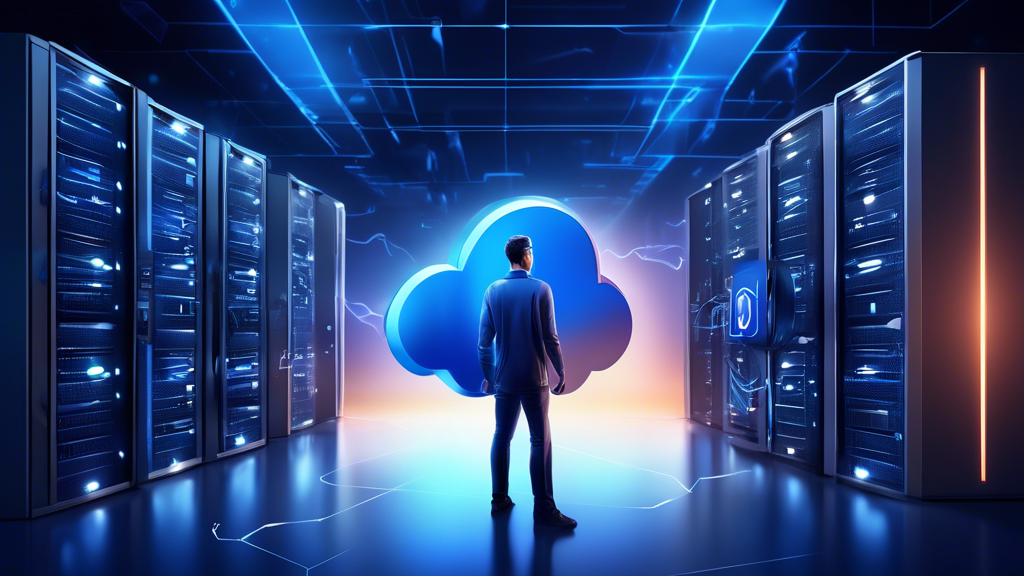 Create a detailed digital illustration that depicts 'Maximize Data Security with Acronis Cloud Protect.' Show a secure, futuristic server room filled with glowing, locked servers connected to a cloud network. In the foreground, an IT professional stands confidently with a shield featuring the Acronis logo, symbolizing protection and security. Include visual elements like data encryption symbols, padlocks, and cloud icons to convey the theme of robust data security.