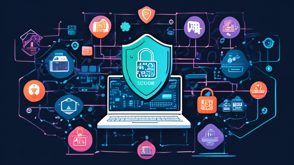 A detailed illustration of a secure computer network protected by PCI Cyber Security measures. The network features interconnected servers, firewalls, and encrypted data streams. Various icons represent enhanced security protocols such as secure payment gateways, anti-virus software, and vulnerability scanners. In the background, a digital shield emblazoned with the PCI DSS (Payment Card Industry Data Security Standard) logo signifies robust protection. The overall aesthetic is modern and high-tech, with a blue and silver color scheme to emphasize cybersecurity.