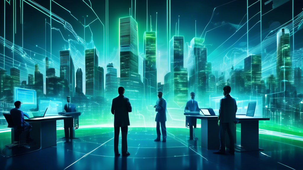 Create an image depicting the importance of IT and cyber security in the modern world. Show a futuristic cityscape with interconnected buildings and data lines flowing between them. In the foreground, illustrate security professionals working with advanced technology and holograms, guarding against cyber threats symbolized by dark, shadowy figures attempting to breach a digital fortress. Use a blend of cool blue and green tones to represent technology, with bright, glowing elements to highlight security measures.