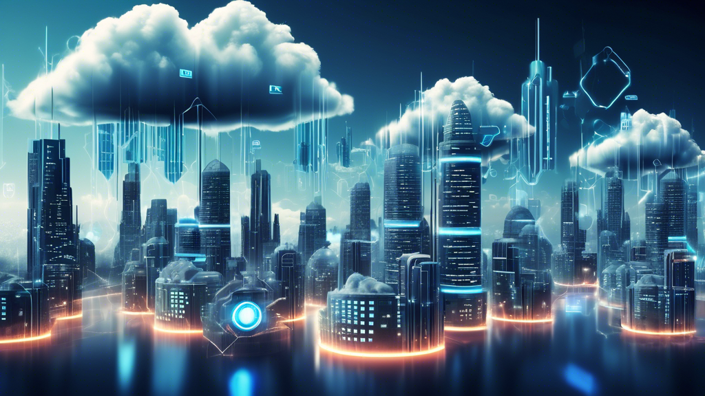 Create an image of a futuristic city skyline with towering cloud servers floating above, interconnected with digital locks and shield icons, symbolizing robust cloud security measures. The scene should combine elements of cyber security like code streams and firewalls integrated into the design of the buildings, highlighting the seamless integration and importance of cloud security in modern cyber defense.