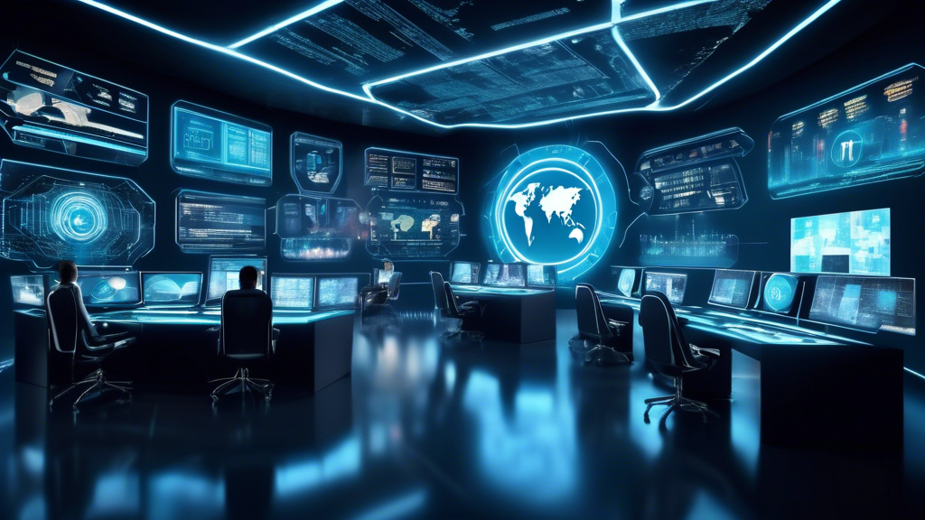 Create an image depicting a futuristic, high-tech control room with sleek interfaces and holographic displays showing various cybersecurity data. In the background, logos of top-rated internet security companies of 2023 are prominently displayed, symbolizing their prowess in combatting cyber threats. The atmosphere should exude a sense of cutting-edge technology and superior protection.