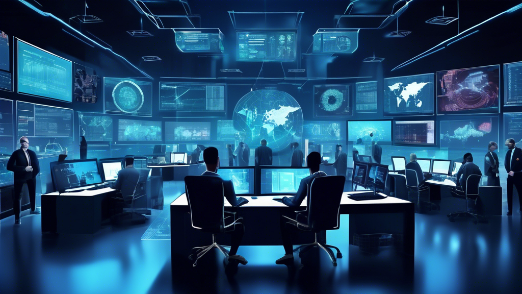 Create an image of a high-tech command center with multiple computer screens displaying data related to cyber threats and vulnerabilities. In the forefront, show a diverse team of cybersecurity experts analyzing the information and discussing strategies. Surrounding the command center, incorporate visual elements like digital shields, warning icons, and network diagrams to emphasize the focus on cybersecurity.