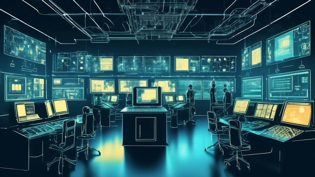 Create an image of a high-tech industrial control room with glowing control panels and screens, showcasing various interconnected machines and robots. Display visible security measures, like firewalls and padlocks, around the network connections to symbolize cybersecurity. Place a vigilant cybersecurity expert monitoring the network from a central station.