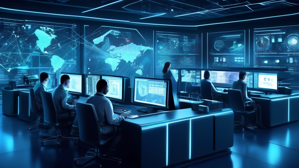 Create a high-resolution digital illustration depicting a futuristic network security control room. The room should be filled with advanced holographic displays showing real-time network data, firewalls, and security alerts. Include a team of diverse cybersecurity experts actively monitoring and managing the network system. In the background, show a visual representation of various cyber threats, data encryption, and protective shields symbolizing system security. The overall atmosphere should convey a sense of high-tech vigilance and proactive protection against cyber threats.