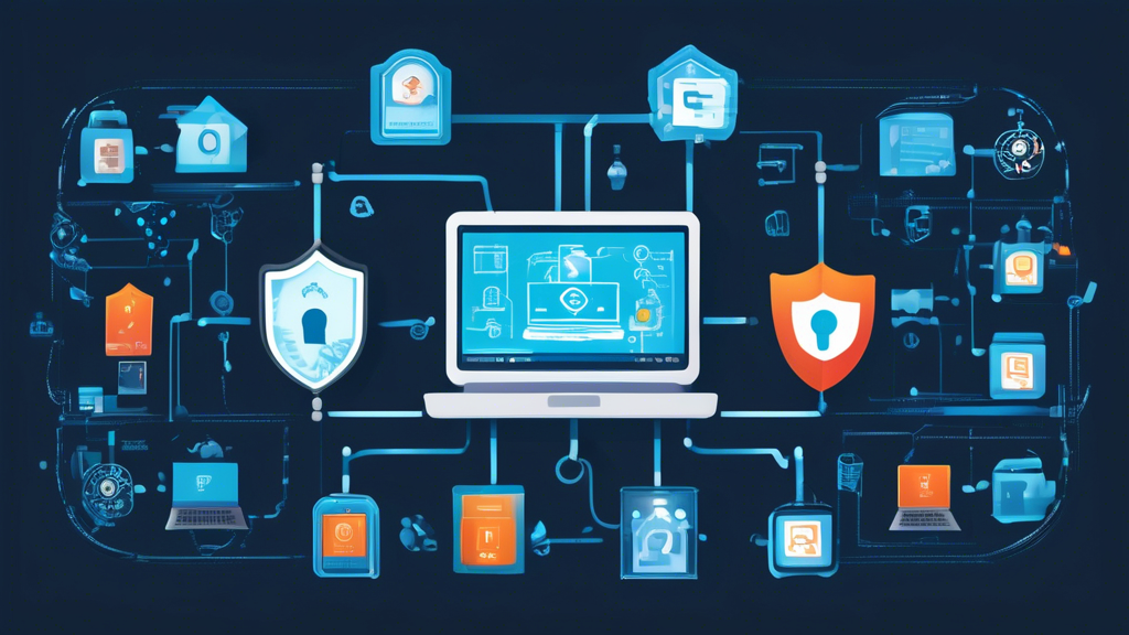 Create a detailed illustration contrasting computer security and cyber security: on one side of the image, showcase a personal computer with a lock and antivirus software representing computer security; on the other side, depict a network of connected devices with a digital shield and firewall symbolizing cyber security. Include labels and visual cues to highlight the distinct focus areas of each field.