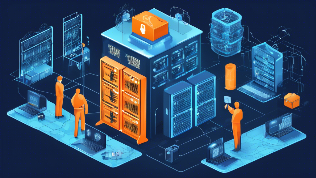 Create an image showcasing the fundamentals of network and web security. Highlight elements like a secure server room filled with racks of servers, a firewall icon prominently displayed, and figures working on computers with encrypted data symbols floating around them. Incorporate visuals of cybersecurity measures, such as locks, shields, and secure connection icons (SSL/TLS) in a modern, high-tech setting.