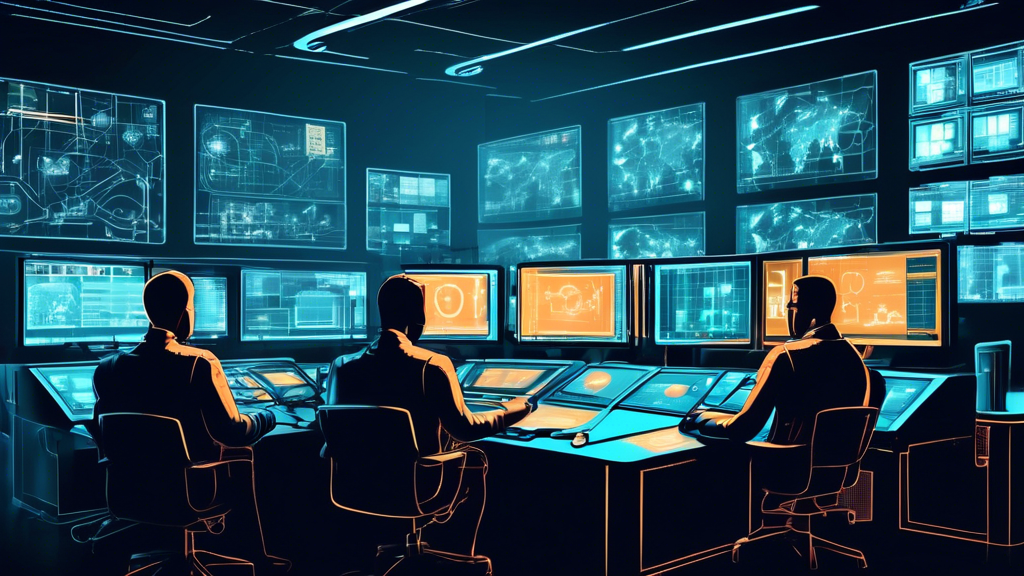 Create an image that depicts the integration of Operational Technology (OT) and Information Technology (IT) in cyber security. Show a high-tech control room with monitors displaying both industrial systems (like factory machines) and digital data streams. Include elements like cybersecurity shields and interconnected networks to represent the protection and monitoring of both OT and IT systems.