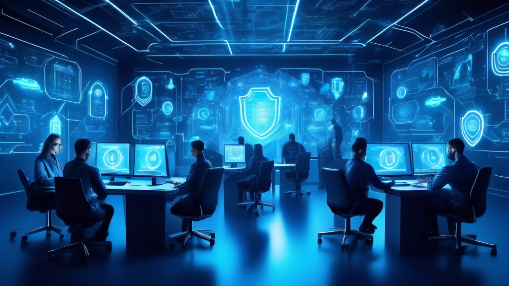 Create an image of a futuristic digital fortress with glowing blue lines, surrounded by various symbols of cybersecurity such as shields, locks, and keys. Inside, a team of diverse cybersecurity experts are seen working on advanced computers, analyzing data and strategizing. The atmosphere should be highly secure yet dynamic, illustrating the high-tech and sophisticated nature of modern cyber protection techniques.