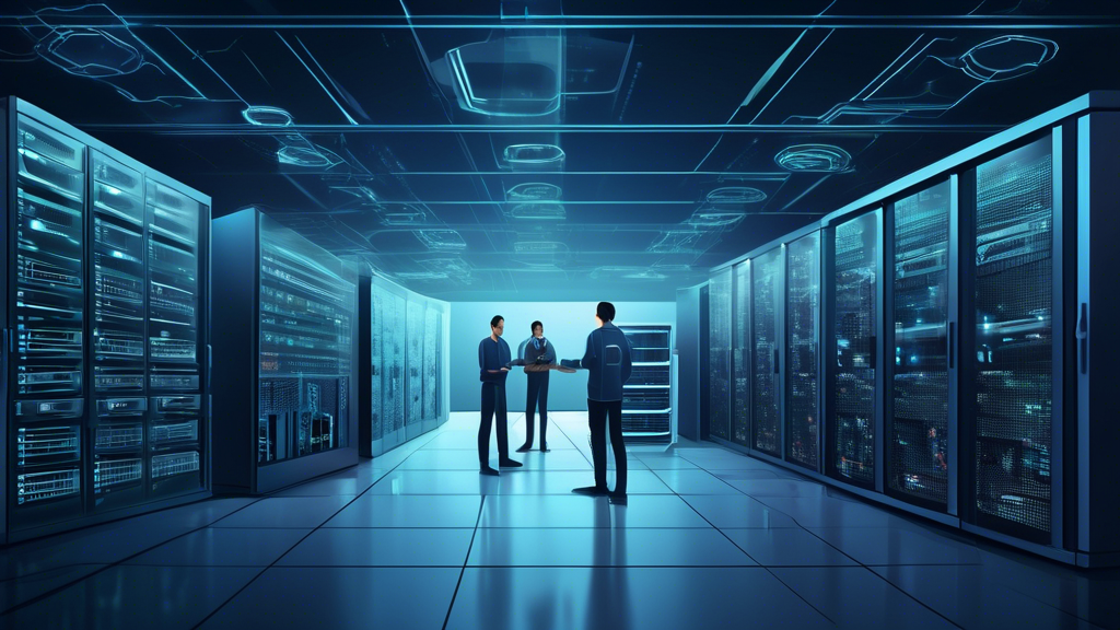 Create a detailed illustration of a high-tech server room with Dell servers protected by advanced cybersecurity measures. Show visual elements representing ransomware protection strategies such as AI-powered threat detection systems, multi-layered firewalls, encrypted data backup systems, and live monitoring dashboards. Include a diverse team of IT professionals actively managing and securing the environment.