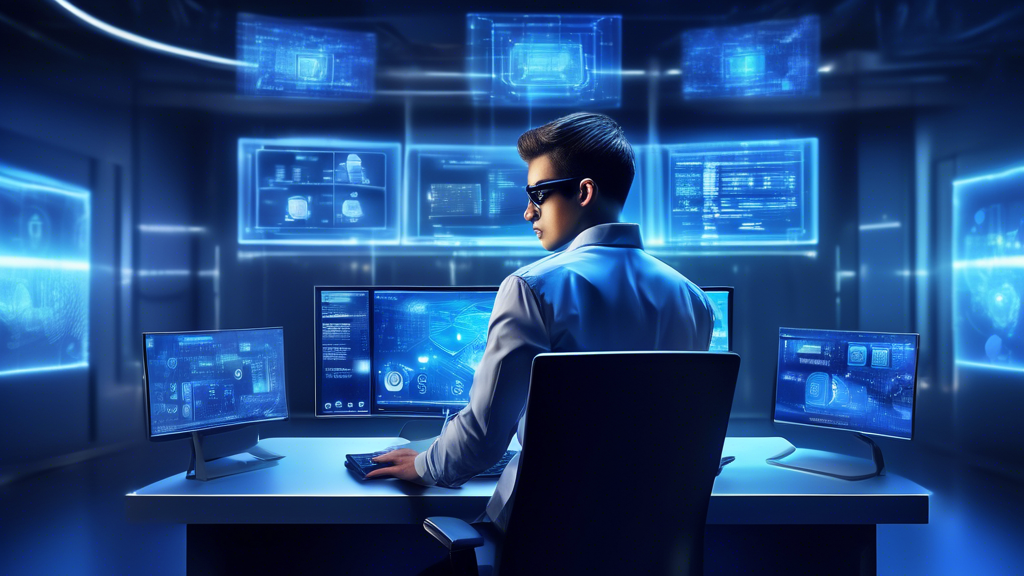 Create a realistic image depicting a cyber security specialist confidently working at a sleek, modern workstation with multiple monitors displaying Acronis security software interfaces. The background should showcase a futuristic office environment with other professionals engaged in cyber security tasks. Include digital elements like shields, locks, and codes floating in the air to symbolize enhanced digital protection.