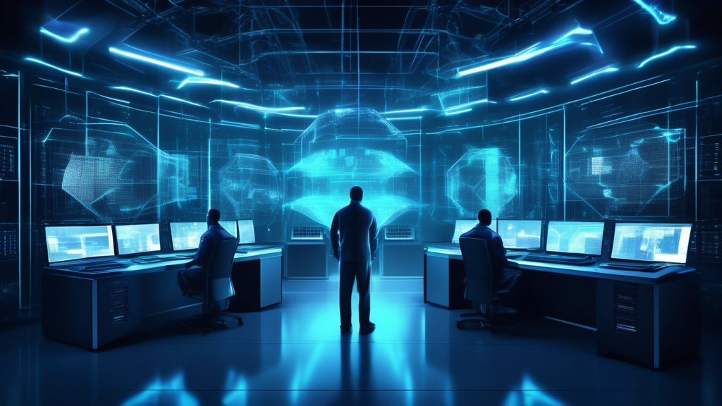 An ultra-modern data center filled with glowing servers and advanced Dell security hardware, showcasing holographic shields and secure data streams. Technicians in futuristic uniforms monitor multiple screens displaying cyber defense metrics, reflecting a high-tech ambiance with Dell’s logo subtly integrated into the background.