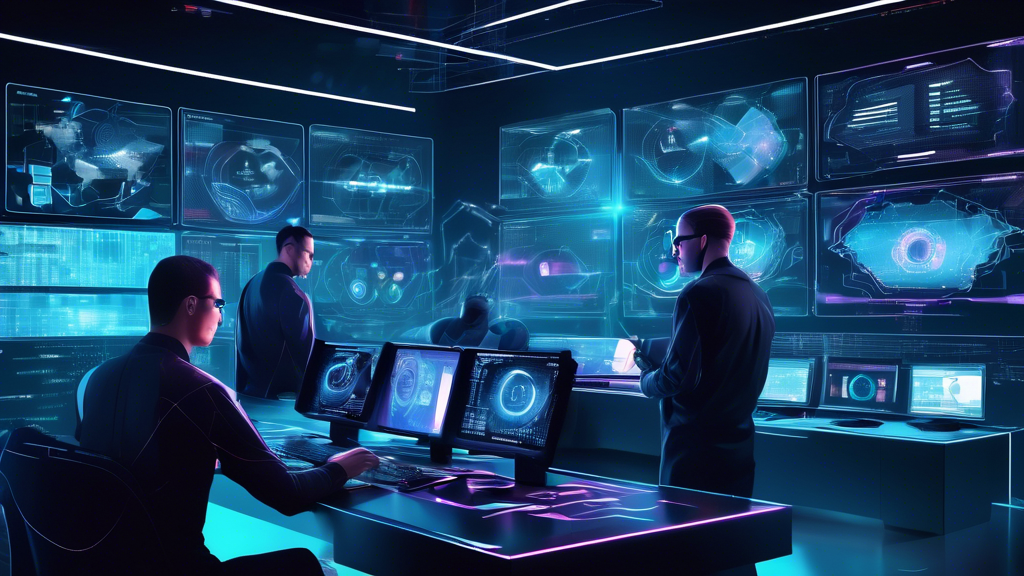 Create a detailed digital illustration that embodies the concept of enhancing cyber security with Carbon Black technology. The image should depict a high-tech command center with multiple monitors showcasing real-time data and threats being neutralized. In the foreground, feature cyber security professionals analyzing data with futuristic holographic interfaces. Use a palette that emphasizes a blend of cool and metallic colors, symbolizing technology and security. Integrate subtle visual elements that represent carbon structures to hint at the Carbon Black aspect of the technology.