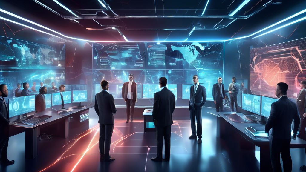 Create an image depicting a futuristic cyber security control room with holographic interfaces and advanced analytics. In the center, a diverse team of IT professionals collaborates in front of a large CrowdStrike logo, surrounded by digital shields, lock icons, and dynamic data streams. The atmosphere should portray high-tech sophistication, collaboration, and robust cyber defense mechanisms.