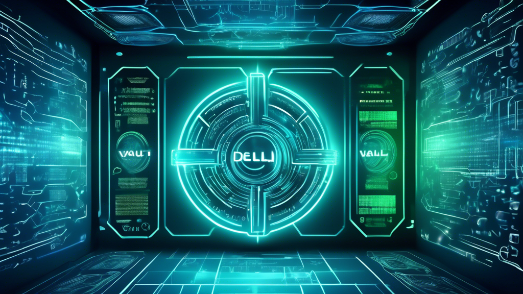 Create an image of a high-tech, futuristic vault labeled 'Cybervault Dell' surrounded by holographic data streams and security symbols. The vault should be enclosed in a digital environment with elements like locks, shields, and encrypted codes to represent advanced data security. The background should show a blend of blue and green tones, depicting a modern cyber landscape.