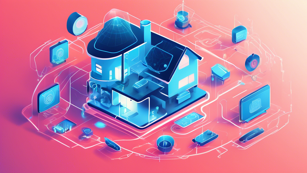 Create an image depicting a futuristic smart home with various IoT devices securely connected to a central hub. Show elements of advanced cybersecurity, such as digital shields, encrypted data streams, and security icons, highlighting best practices and strategies for network protection.