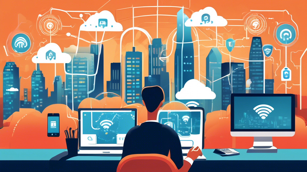 A detailed illustration of modern wireless network security best practices: a Wi-Fi router surrounded by shields and locks symbolizing WPA3 encryption, a person configuring a firewall on a laptop, a user activating multi-factor authentication on a smartphone, and a cloud with a security padlock representing secure cloud data. The background shows a digital cityscape with secure wireless connections radiating from buildings.