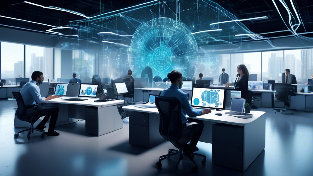 Create an image of a modern corporate office with advanced Cisco network security technology being highlighted. Show a diverse team of professionals working seamlessly on their laptops and devices, with digital holograms illustrating secure data flow, shield icons, and interconnected nodes representing the robust security measures. Incorporate elements like the Cisco logo subtly within the design, screens displaying security dashboards, and a sense of productivity and collaboration in a high-tech environment.