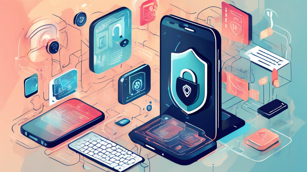 Create an illustration detailing essential cyber security tips for mobile phones. The image should display a modern smartphone surrounded by visual representations of key security tips, such as a padlock for strong passwords, a shield for antivirus protection, a wifi symbol with a lock for secure connections, and an icon for app permissions. The background should include abstract technology elements and muted colors to keep the focus on the security tips.