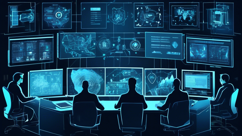 Create an image depicting a high-tech command center with cybersecurity professionals monitoring multiple computer screens displaying security data, firewalls, and threat alerts. Show elements like digital shields, locks, and padlocks symbolizing strong network security, alongside charts and graphs representing effective management strategies.