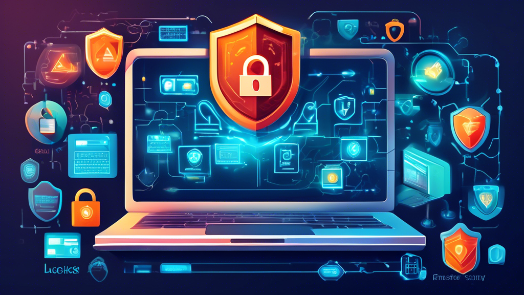 Create a detailed digital illustration showcasing essential tips for enhancing computer internet security. Include a central image of a laptop surrounded by protective elements such as shields, locks, and antivirus software icons. Depict a strong firewall as a glowing barrier in the background. Around the laptop, illustrate various tips such as strong passwords, two-factor authentication, secure Wi-Fi, and regular software updates using simple, clear icons or small graphics. Use a vibrant color scheme to convey proactivity and vigilance.