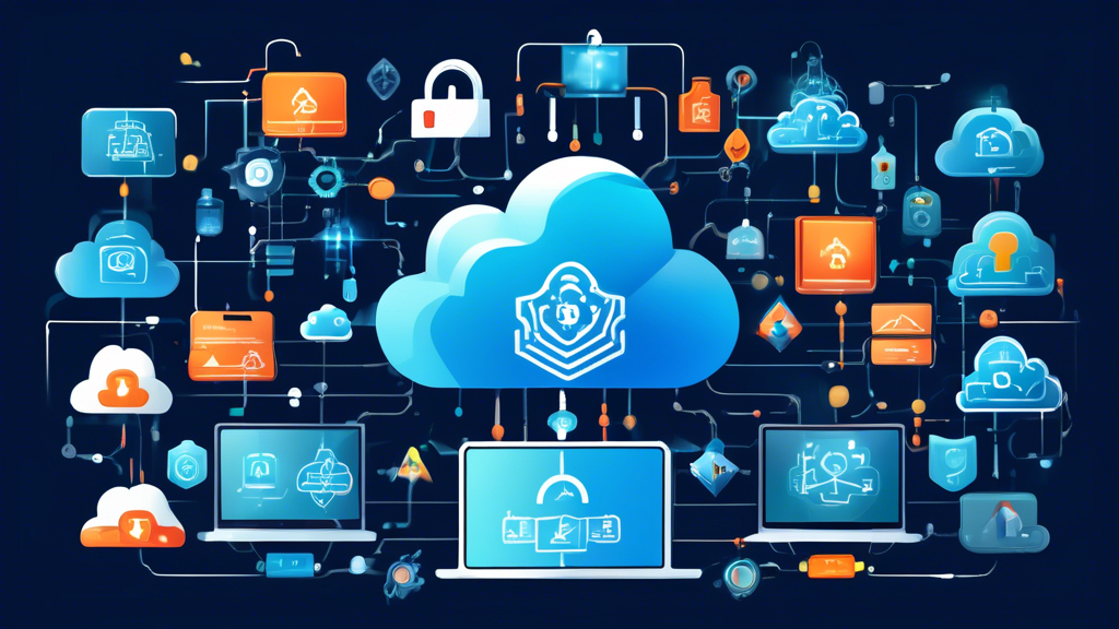 Create an image illustrating various strategies for cyber protection in the cloud. Show a stylized cloud with multiple locks, shields, and security icons (like firewalls, antivirus, and encryption symbols) integrated within the cloud. Include diverse professionals working on laptops, smartphones, and tablets, each connected to the secure cloud via encrypted lines. Add a background featuring a high-tech, futuristic data center with servers and network cables, emphasizing robust cyber protection measures.