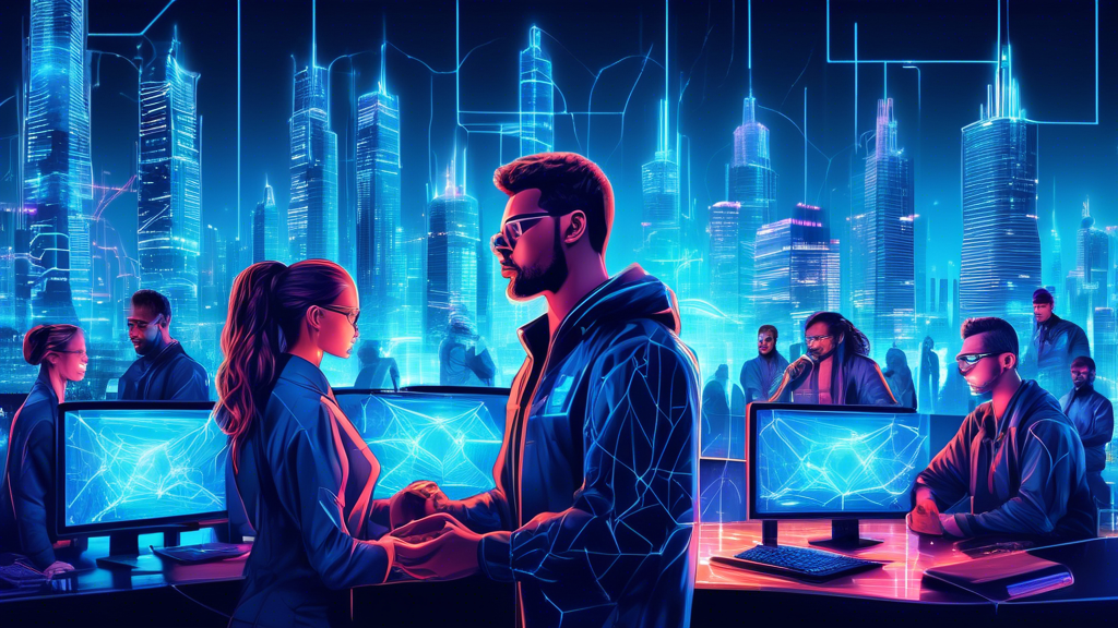 A visually striking digital illustration showcasing the interconnectedness of modern networking and robust cyber security. The image features a cityscape with futuristic skyscrapers glowing with digital lights, connected by a complex web of neon-blue data streams. In the foreground, a diverse team of cybersecurity professionals is actively monitoring and defending against cyber threats displayed on holographic screens. The background emphasizes technological advancement with icons of lock symbols, shields, and binary code integrated seamlessly into the scene.