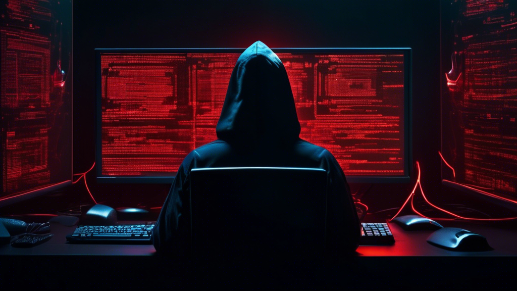 Create an image illustrating the rising threat of ransomware in cyber security: Picture a dark, ominous room filled with advanced computer equipment. In the foreground, a hooded figure representing a hacker sits at a computer, their face obscured. The computer screen displays red, glaring alerts with messages like RANSOMWARE ATTACK and a countdown timer. In the background, digital chains and locks emerge from the screens of multiple devices, symbolizing the entrapment of data. To add a global context, the image projects a faint world map overlay with highlighted nodes of major cities connected by a bright web of network lines. The overall color scheme should be dark and foreboding, with glowing red and green hues indicating danger and distress.