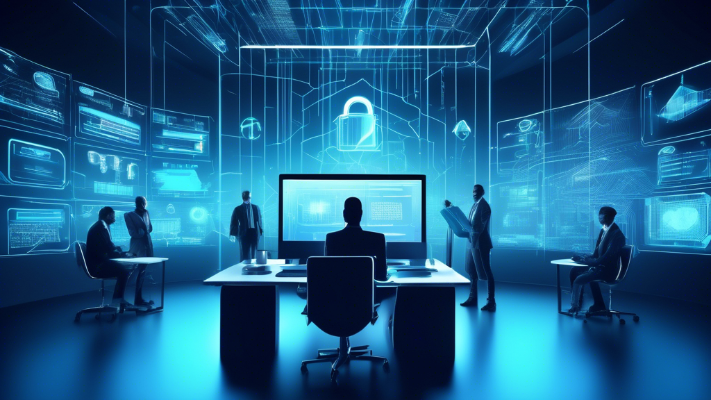 Generate a futuristic office setting where diverse business professionals collaborate around a holographic display showcasing advanced cyber security solutions. The display features flowing data streams, shield icons, and lock symbols. Include elements like modern laptops, high-tech servers, and secure networks in the background.