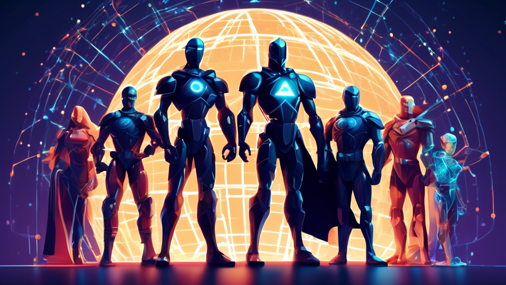 Create an illustration showing the top internet security companies personified as powerful, protective figures (like knights or superheroes) standing guard around a glowing, interconnected globe symbolizing the internet. Each figure should have subtle logos or symbols representing well-known cyber security firms, emanating a sense of strength and vigilance. The background should be a digital landscape with binary code streams and network connections. Use a mix of cool colors like blues and greens to convey technology and trust.