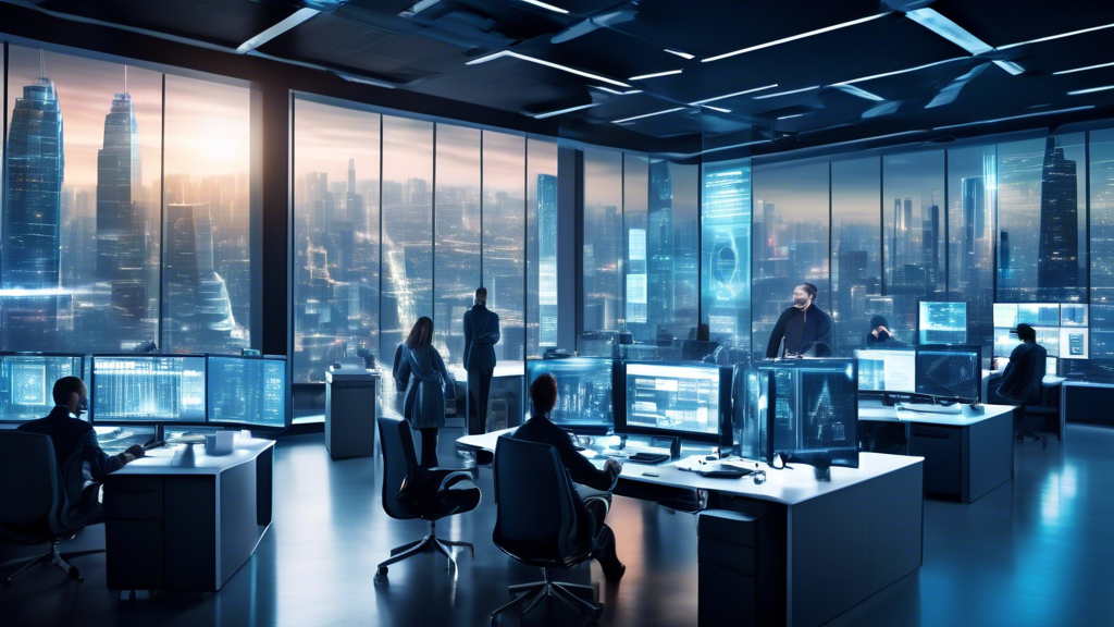 A futuristic, high-tech office with sleek computer workstations featuring cutting-edge security software interfaces. Cybersecurity shields, firewall graphics, and encrypted data streams are visible on screens. A diverse group of IT professionals are seen monitoring, analyzing, and managing security systems. The background showcases a dynamic cityscape with modern architecture, symbolizing an advanced digital era in 2023.