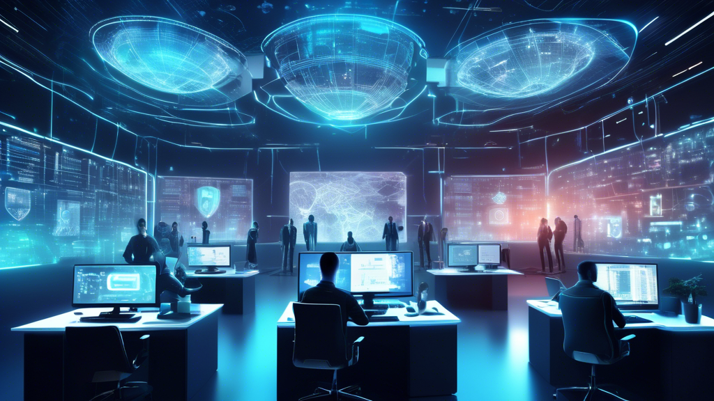 Create an image of a futuristic office setting with people working at their computers, surrounded by holographic shields and security icons like locks, shields, and warning symbols. The background includes elements like encrypted code, a world map with connection lines, and a large screen displaying Top Tips for Enhancing Internet Cyber Security. The overall tone should be modern and proactive, emphasizing a high level of digital security.