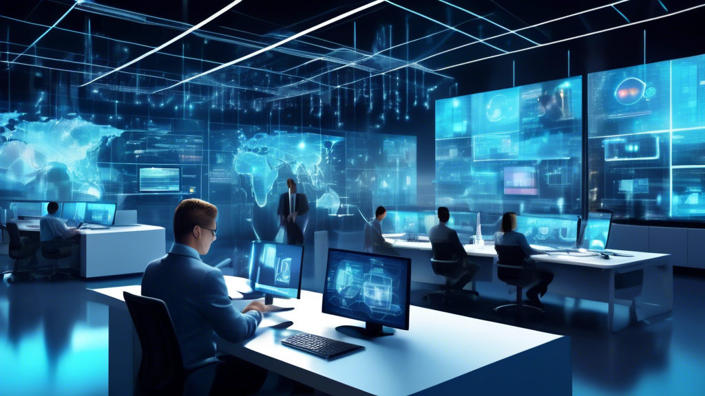 Create an image depicting a dynamic and futuristic office environment where advanced cybersecurity technology is at play. Include visual elements such as holographic displays showcasing Dell cybersecurity solutions, a team of professionals analyzing data on transparent screens, and digital shields symbolizing protection over the company's network infrastructure. The atmosphere should convey a sense of security and innovation in a modern business setting.