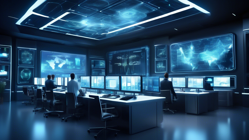 Create an image depicting a futuristic, sleek, and high-tech cloud computing security command center. The scene should include a diverse team of experts actively monitoring multiple digital screens displaying complex data and graphics about cybersecurity threats and solutions. Include elements like holographic interfaces, glowing data streams, and digital locks to symbolize advanced security measures. The ambiance should convey a sense of cutting-edge technology and proactive defense against cyber threats in the cloud.