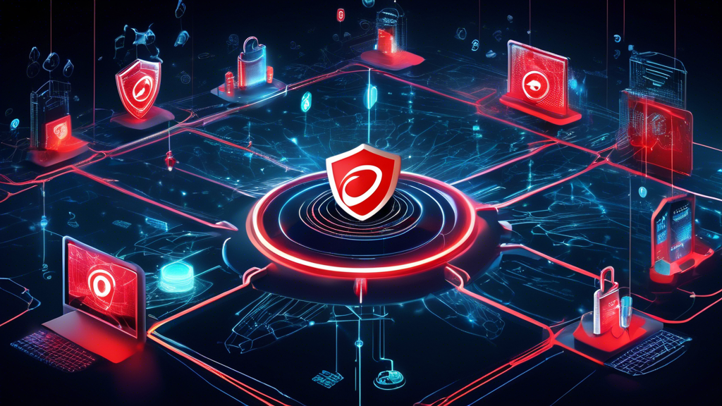 Create an image illustrating a futuristic digital landscape where Trend Micro's cyber security solutions act as protective shields. Depict a vibrant, interconnected web of data and users, with sleek, glowing shields symbolizing the security features, ensuring safety in this virtual environment. Incorporate elements like locks, digital padlocks, and secure data streams, while blending the Trend Micro logo subtly into the design to emphasize brand presence.