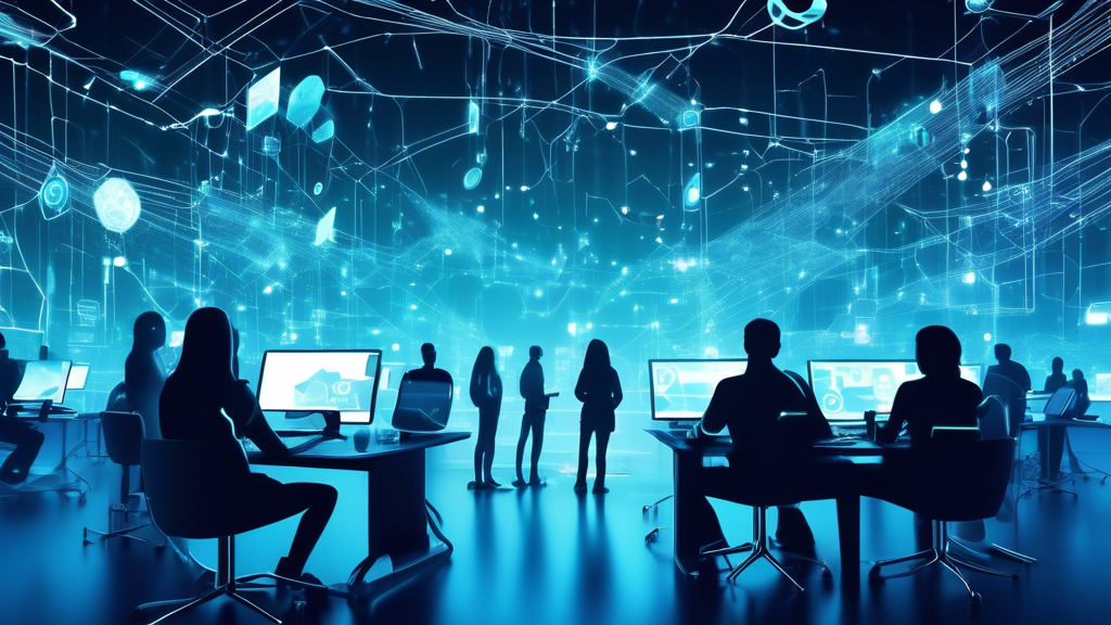 Create an image depicting a futuristic digital landscape, where glowing shields and locks hover around computer screens, tablets, and smartphones, symbolizing strong internet security. Include diverse people confidently interacting with their devices, surrounded by a network of interconnected data streams. The overall atmosphere should convey a sense of safety and technological advancement.