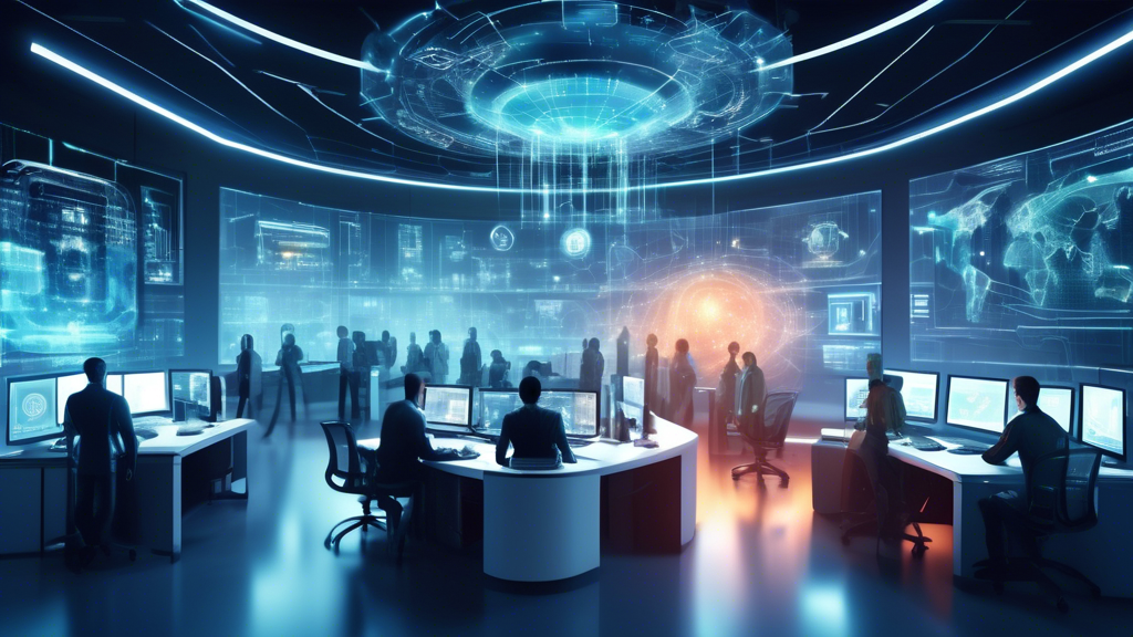 Create an image illustrating a futuristic office environment where advanced cyber security technologies are in use. Include holographic interfaces displaying security data, AI-driven robots monitoring computer networks, a diverse team of IT professionals analyzing digital threats on large screens, and abstract representations of firewalls and encrypted codes for enhanced protection. The scene should convey a sense of innovation and vigilance in safeguarding digital information.