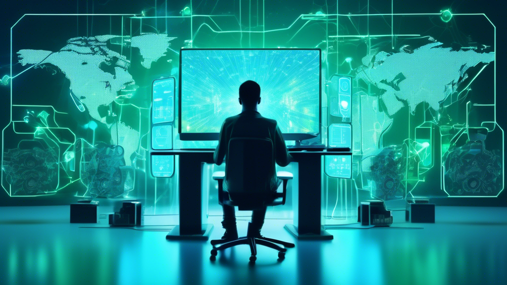 Create an image of a person sitting at a computer desk, surrounded by futuristic holographic shields and digital locks representing internet security. On the computer screen, display a map marked with pins highlighting different Internet Security Companies in the area. The room is filled with light blue and green hues to signify technological safety and security.