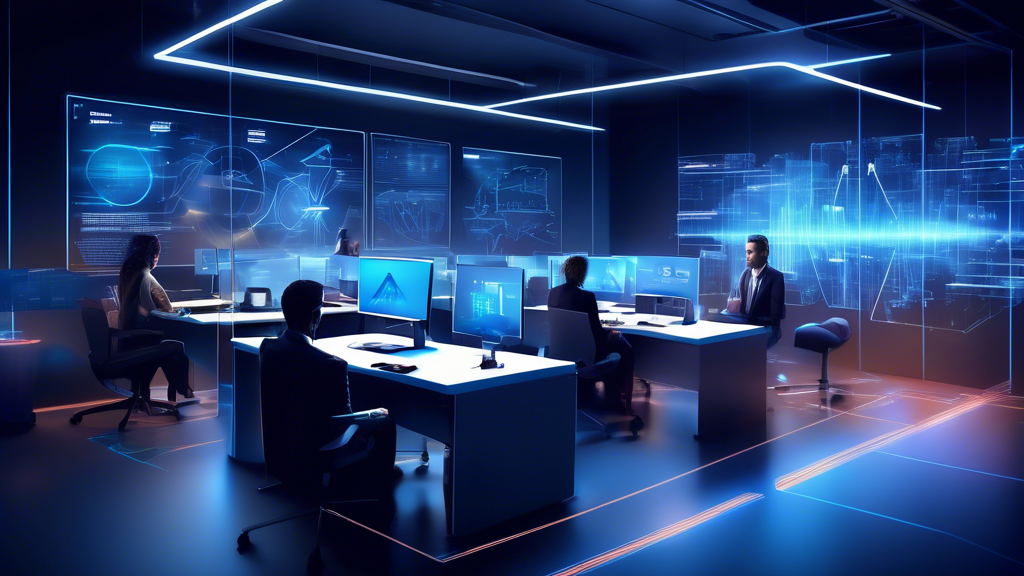 Create an image depicting a futuristic office space where diverse professionals are efficiently managing their tasks using advanced technology. Feature digital holograms of charts and graphs floating above sleek desks, with the Acronis logo subtly integrated into the environment. The atmosphere is vibrant and dynamic, showcasing seamless collaboration and productivity in a high-tech business setting.