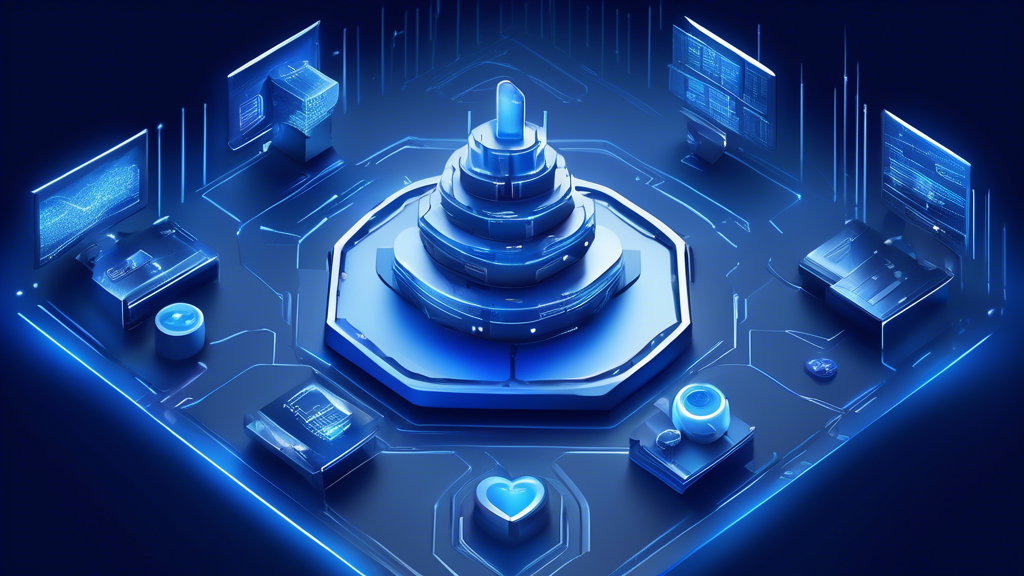 Create an image depicting a futuristic digital fortress, symbolizing strong data protection. In the center, include the Acronis logo as the heart of the fort's monitoring system. Surround the fortress with dynamic visuals of data streams being deflected, signifying robust security measures. Use shades of blue and silver to convey a sense of technology and reliability.