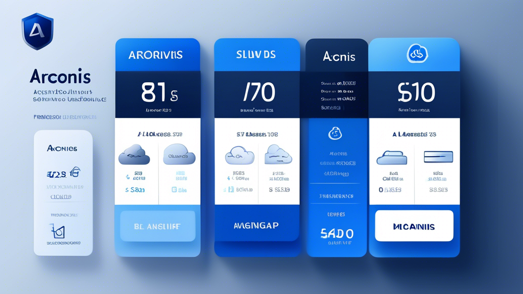 Create an image of a detailed, visually engaging pricing table for Acronis software. Include different tiers, features, and benefits in a sleek, modern design. Use colors that reflect tech and security, like blue, black, and silver. Incorporate icons for various features like cloud backup, data security, and customer support. Place a magnifying glass over one section to emphasize comprehensive understanding of the cost structure.